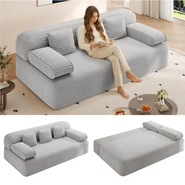 Bellemave  78.7" Frameless Sofa,2-in-1 Convertible Sofa Bed with 3 Pillows – Plush Corduroy Fabric, Multi-Functional 3-Seater Couch for Small Spaces, Apartments, and Bedrooms