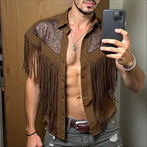 INCERUN Men 2025 Fashion Fringe Sequins Sleeveless Crop Shirt, Western Vintage Cowboy Style, Designed For Stage Shows, Bars, Clubs, And Parties.