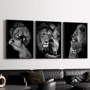 Lion Family Pattern Unframed Painting, 3 Counts/set Modern Black and White Lion Family Poster, Wall Art Decoration for Living Room, Bedroom, Office, Bathroom, Decor