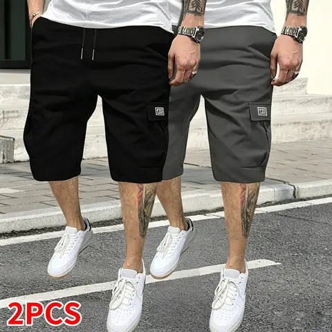 Men's 2-Piece Plain Cotton Activewear Set - Athletic Tops, Drawstring Elastic Waist Multi-Pocket Cargo Shorts, Suitable for Outdoor Sports & Casual Wear