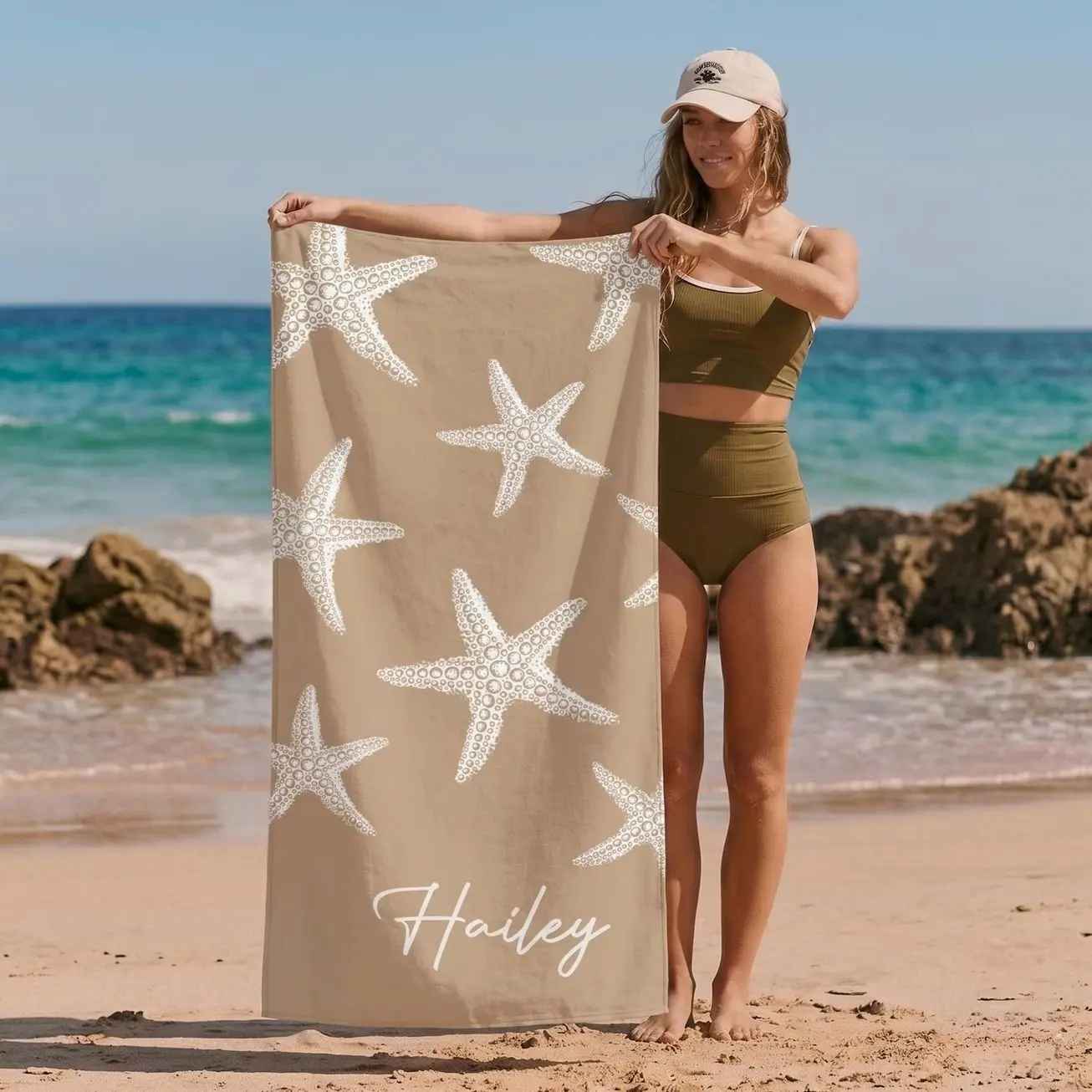 Personalized Starfish Beach Towel: Custom Name, Vacation Gift