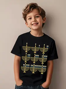 Hanukkah Menorah T-Shirt for Boys & Girls - with & Golden Jewish Holiday Design, Short Sleeve Casual Round Neck Top for Chanukah Celebrations, Birthday Gifts & Daily Wear, All-Season Comfortable Apparel