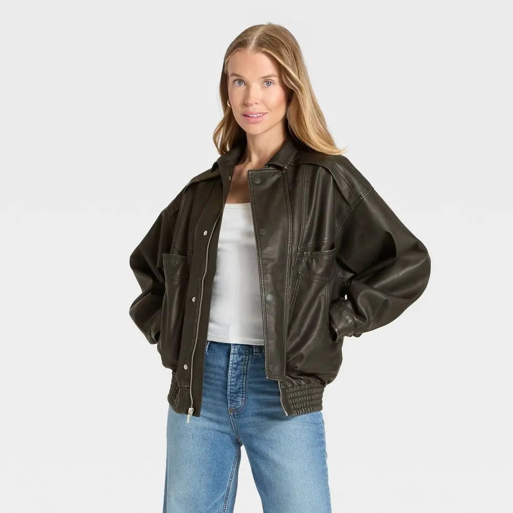 Women's Relaxed Faux Leather Bomber Jacket - Universal