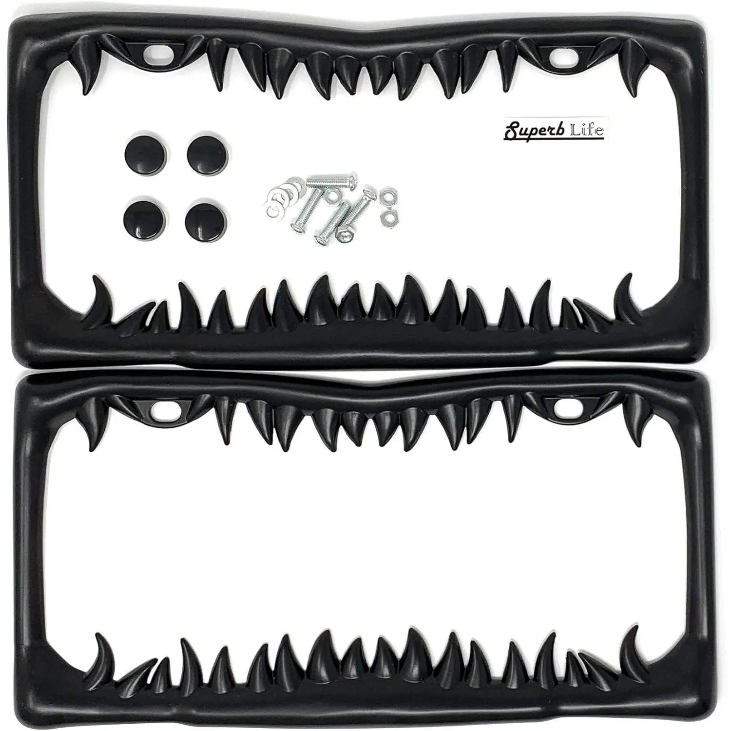 Superb Shark Tooth License Plate Frame (Black Painted Metal) with Screws Caps, Set of 2