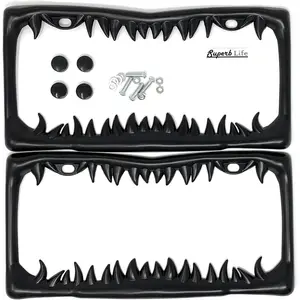 Superb Shark Tooth License Plate Frame (Black Painted Metal) with Screws Caps, Set of 2