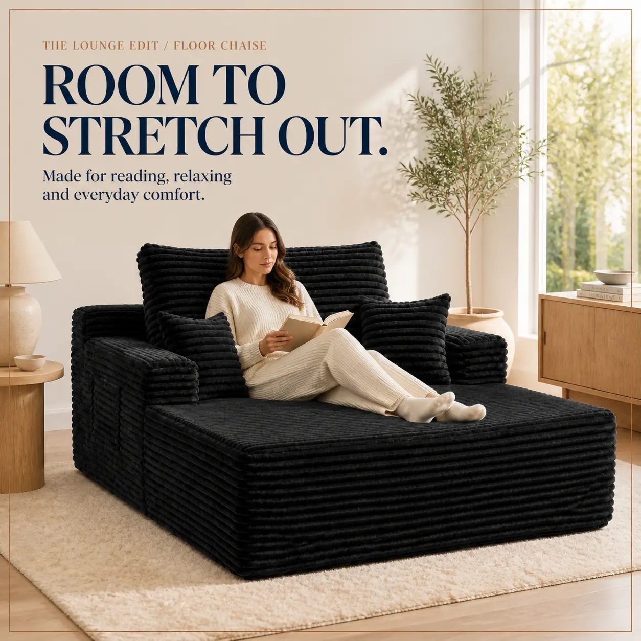 Corduroy Plush Upholstered Sofa Bed - 47.2-Inch Oversized Multi-Functional Floor Chaise Lounge Chair with 3 Pillows & Side Pocket for Living Room, Reading Nook