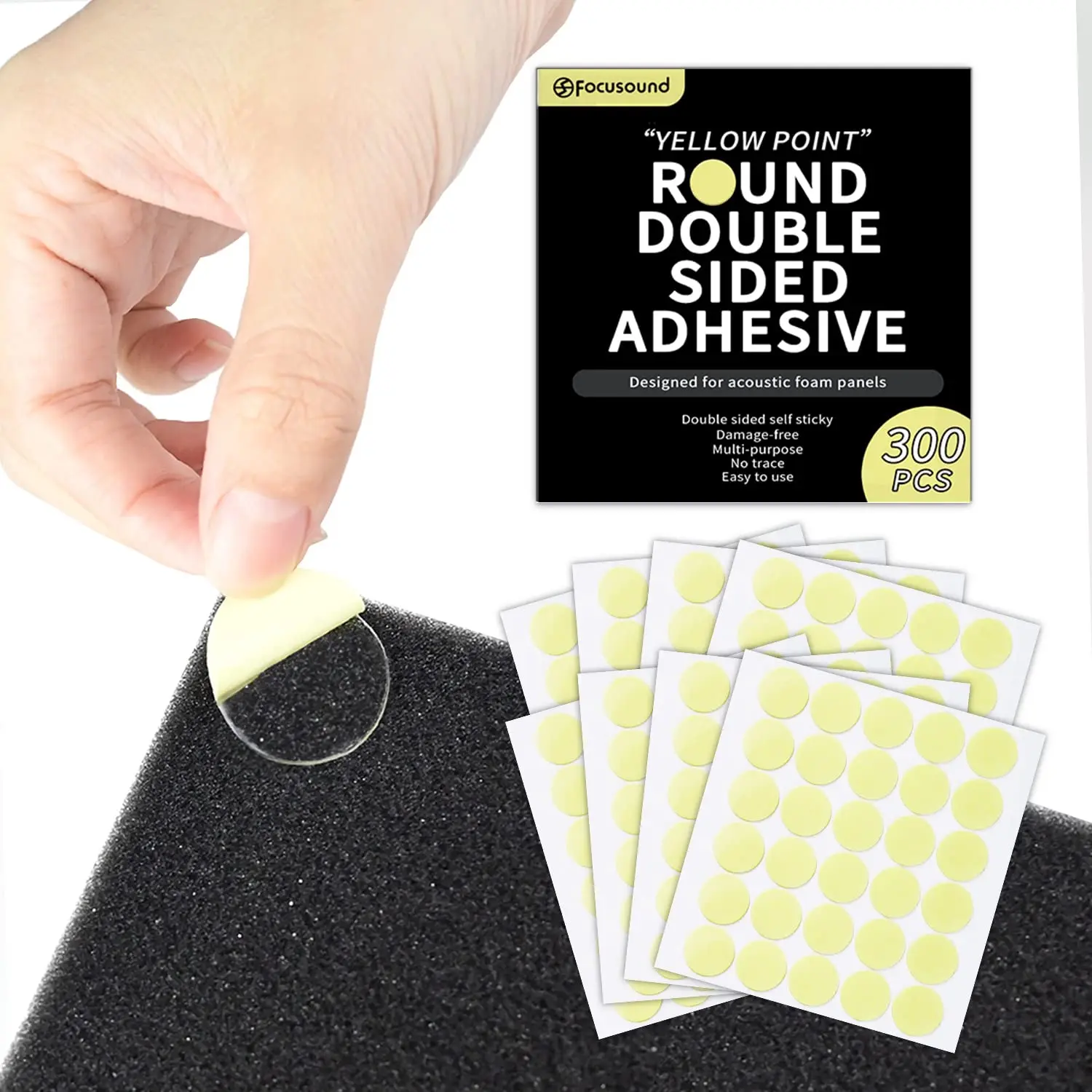 Focusound 300 Packs of Yellow Point Double-Sided Adhesive Dots for Noise Reduction Foam Panels