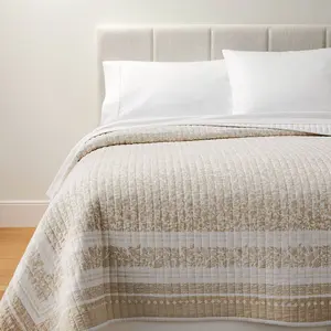 Full/Queen Decorative Border Cotton Slub Wood Block Print Quilt Neutral Floral - Threshold designed with Studio McGee