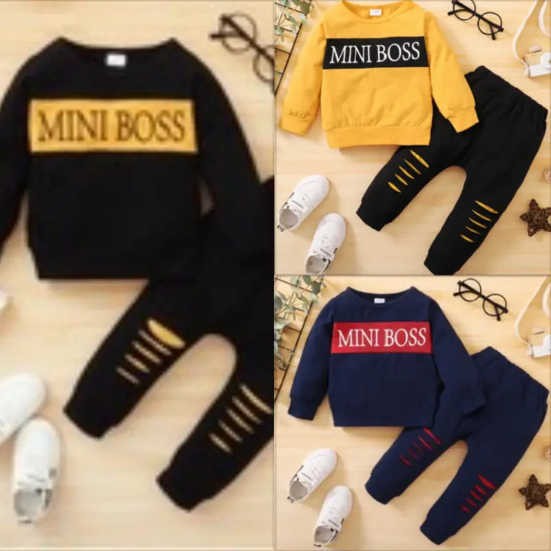 Ready Stock 0-18M Baby Boys Outfits Letter Print Patchwork Long Sleeve Tops & Ripped Pants Set 2Pcs Casual Clothing 22009090