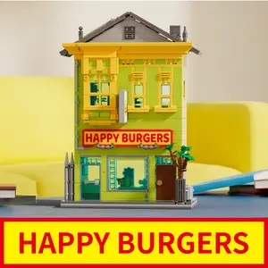 1222+ particles Happy Burger Shop Moc Building Set, Boba Hut Restaurant Model Display, Educational Puzzle Blocks, Street Scene Architecture, Home Decor Gift