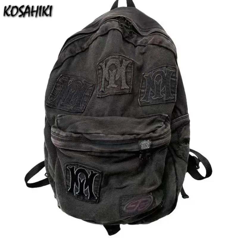 Y2k Aesthetic All Match Letter Embroidery Backpack Patchwork Vintage Gothic Schoolbags Casual Students Backpacks Velvet Lightweight Casual Backpack Messenger Bag Denim Polyester Laptop Bag Cotton Womens Accessory