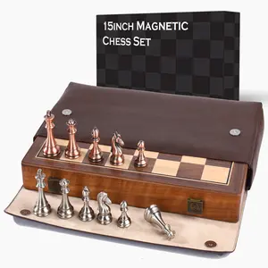 15 Inch Walnut Chess Board Set for Adults Kids Metal Chess, Folding Portable Travel Chess Game for Tournament Professional Beginner with Manual