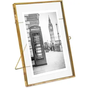 5x7, Antique ,  Style Brass and Glass, Metal Floating Picture Frame (Vertical) with Locket Closure, for Photos, Art, & , Tabletop Display (5x7 Antique )