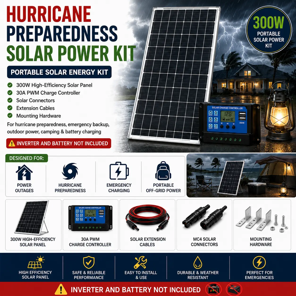 300W Hurricane Preparedness Solar Power Kit with Solar Panel, 30A Charge Controller, Cables, MC4 Connectors & Mounting Hardware for Emergency Backup, Camping, RV & Off-Grid Battery Charging
