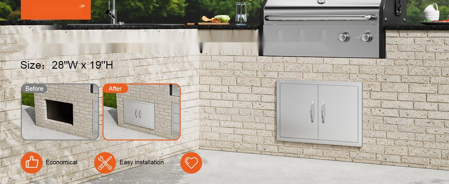 BBQ Access Door, 28W x 19H Inch, Double Outdoor Kitchen Door, Stainless Steel Flush Mount Wall Door with Handles, Suitable for BBQ Island, Grilling Station, Outdoor Cabinet and Island Enclosures, Weather Resistant