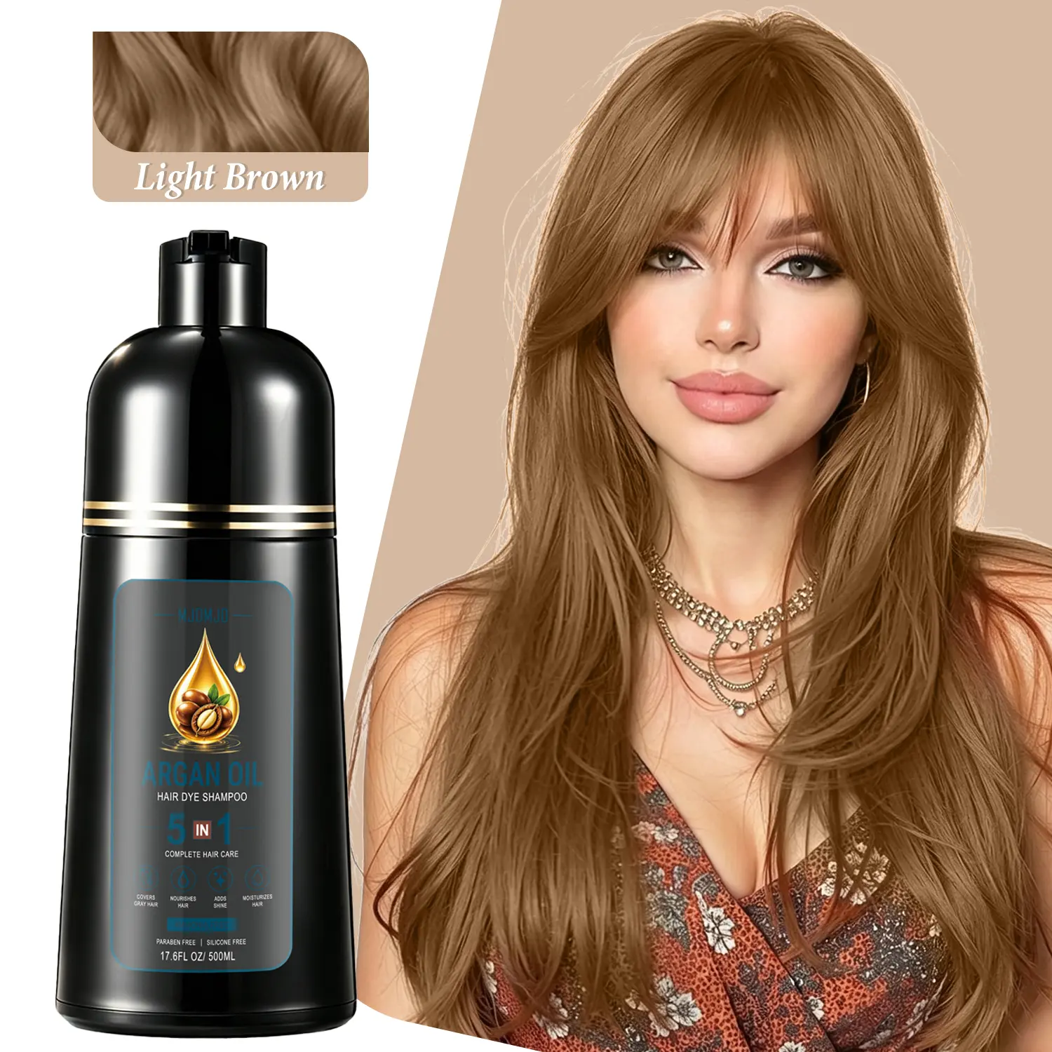 Light Brown Hair Dye Shampoo for Gray Coverage, Hair Color Shampoo with Argan Oil & Ginseng, 5 IN 1 Semi-Permanent Color Shampoo for Women & Men, Ammonia & Paraben Free, 15 Min Use at Home