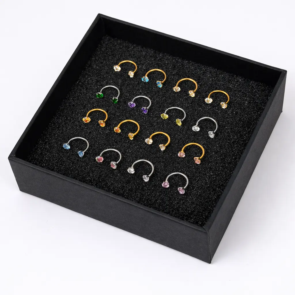 Titanium 20G(0.8mm)/18G(1.0mm) 8mm Horseshoe Nose Hoop Internally Threaded Gems Nose Ring with Free Ball Holder | Caution: Avoid Overtightening; Pre-Tighten with Provided Tool then Complete Tightening by Hand