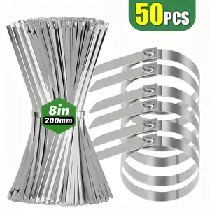 Metal Zip Ties 8 inch 50pcs 304 Stainless Steel Zip Ties Heavy Duty Multi-Purpose Self-Locking Cable Ties for Machinery, Vehicles, Exhaust Wrap, Farms, Pipes, Roofs, Cables, and Outdoor Fence