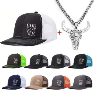 Unisex 2-Piece Fashion Accessory Set – Trucker Hat (Fitted, Breathable, Adjustable, All-Season, Casual) & Bull Skull Necklace (God Got Me Letter Printed)