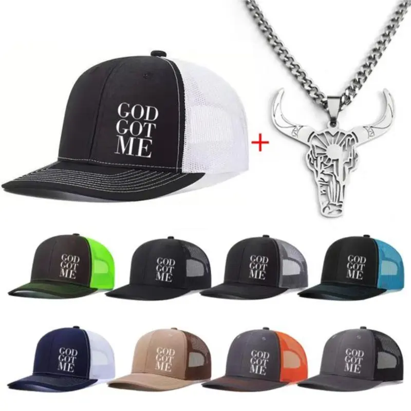 'God Got Me' Trucker Cap & Bull Skull Pendant Set, 2-Piece Unisex Western Casual Baseball Cap with Breathable Mesh, All Seasons Snapback Hat