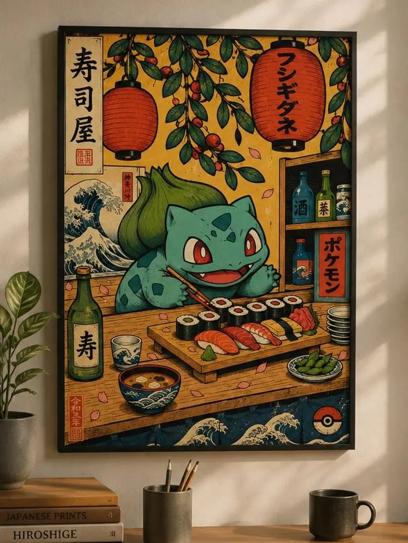 Bulbasaur Poster, Poke Wall Art, Japanese Sushi Poke Poster,  Japanese Style Anime, Unframed Wall Art, Home Decor