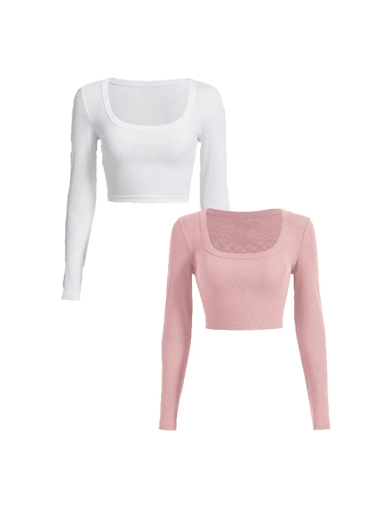 Women's Square Neck Long Sleeve Crop Tee, Casual Plain Ribbed T-shirt For Spring & Fall, Women's Clothes For Daily Wear