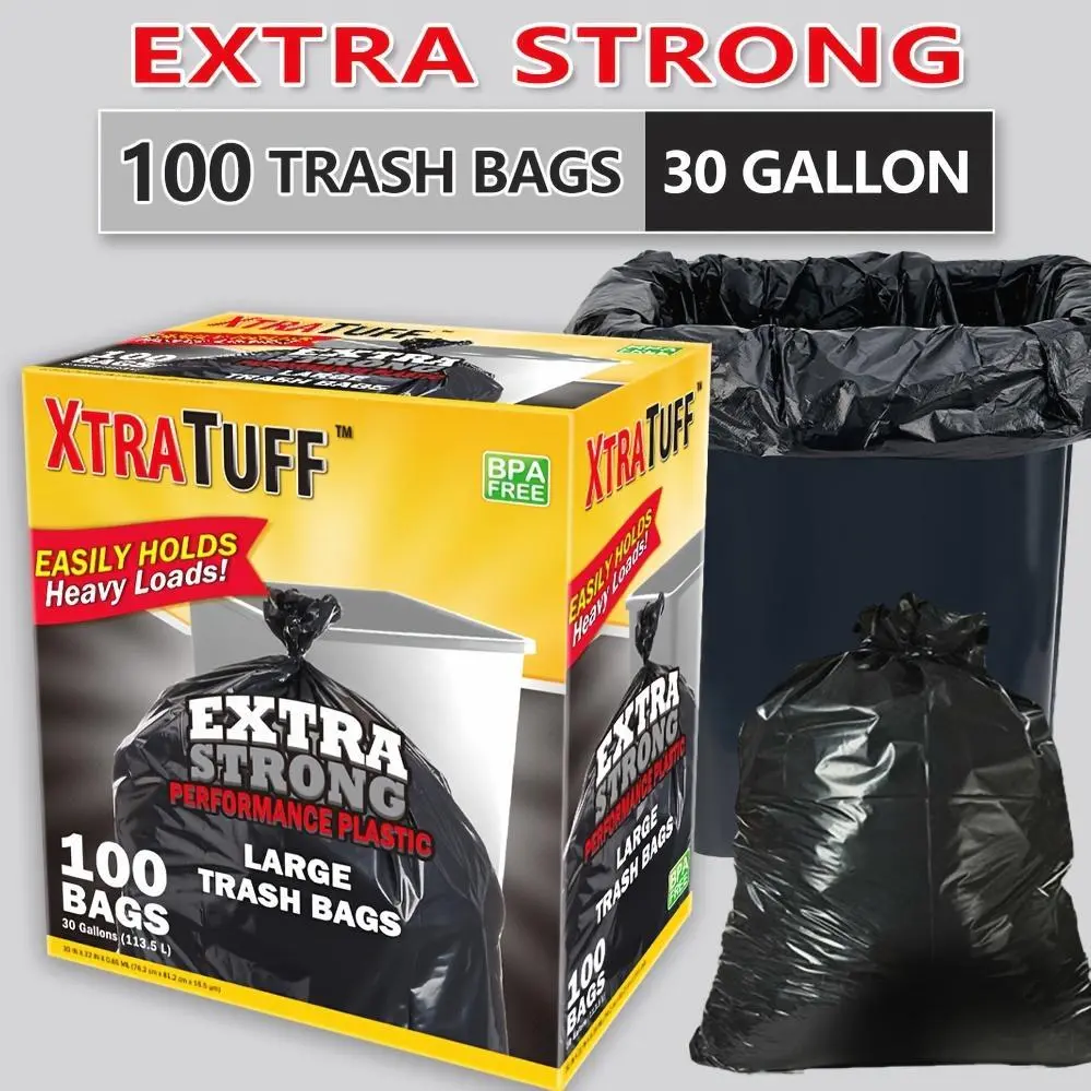 Box of 100 Bags 30 Gallon Black Disposable for Large Trash Bags for Large Kitchen Trash Can, Ultra Strong 100 Count 113.5L Multipurpose Cleaning Supplies for Industrial, Garden, Home, Commercial - Durable, Leak-Proof, Easy to Use Garbage Bag