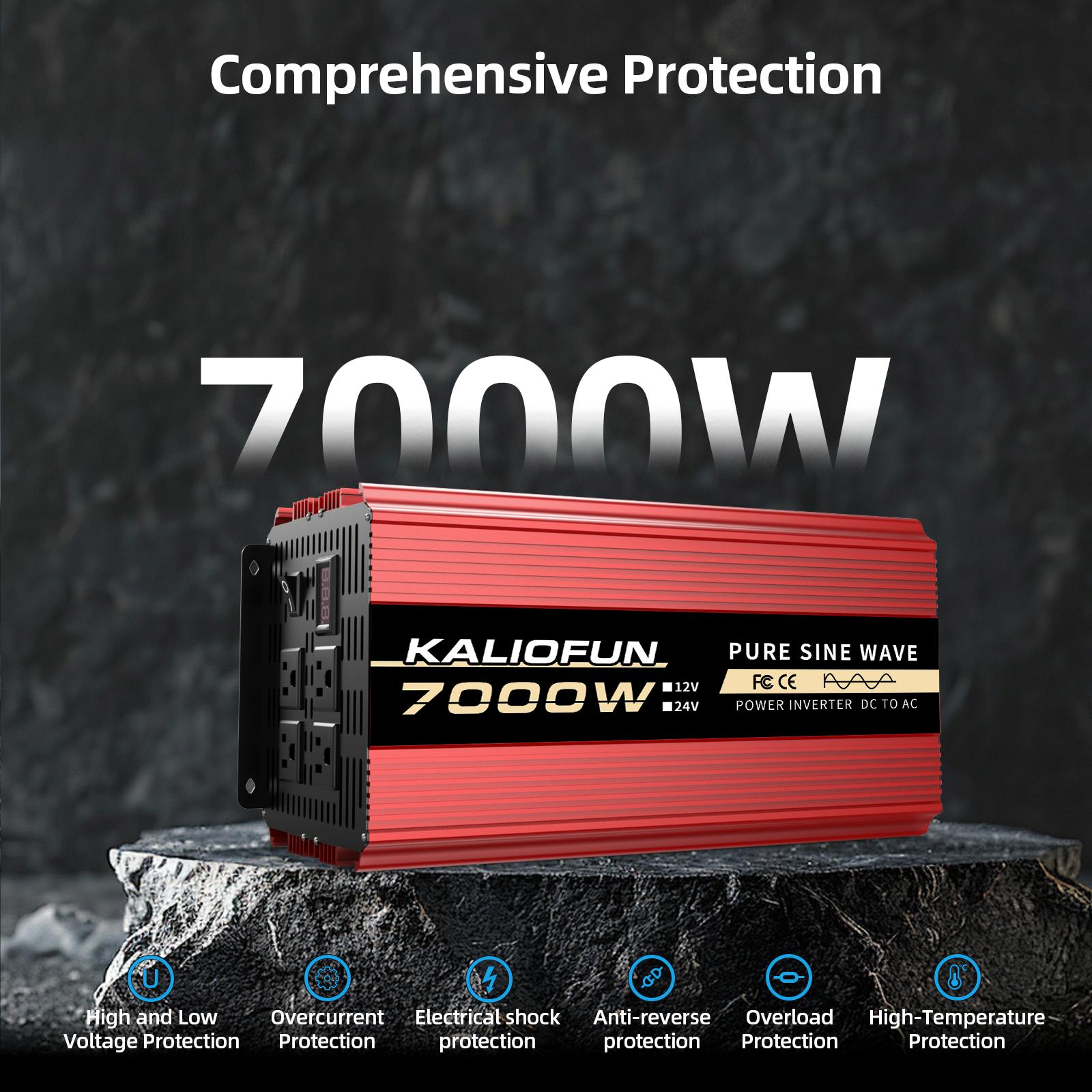 KALIOFUN 7000 W Pure Sine Wave Inverter, 1 unit, 12 V DC to 110 V AC, voltage display, 4 standard US outlets, hardwired, suitable for home, outdoor, and camping use, car inverter, no battery required