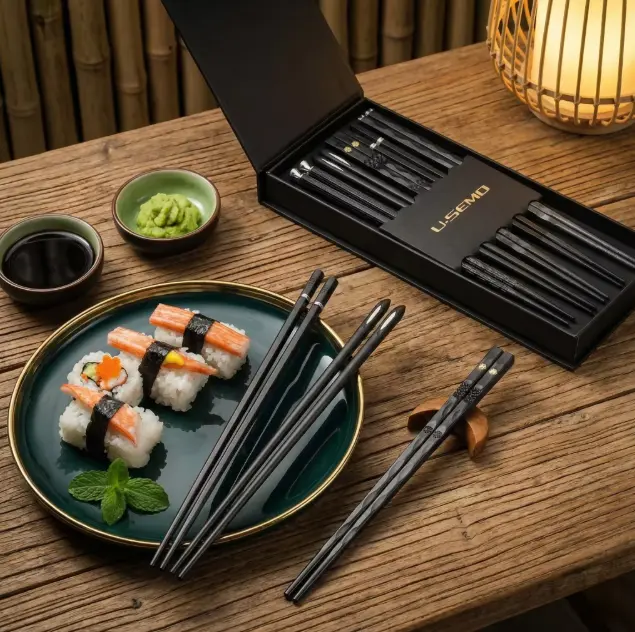 9.57in Japanese-Style Black Alloy Chopsticks Set - Reusable Tableware in Gift Box