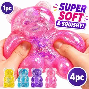 4PCS Squishy Bear Stress Toy, Soft Sensory Fidget Toy with Glitter Liquid Filling, Squeeze Anxiety Relief Toy for Kids & Adults, Party Favors, Desk Toy