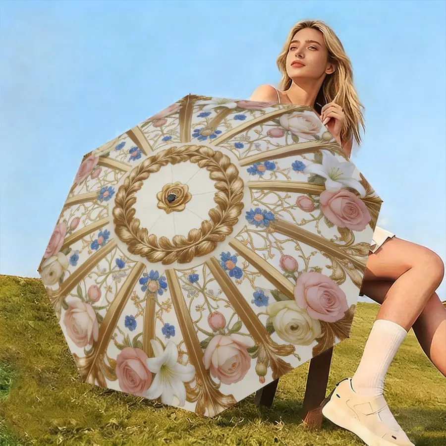Victoria Court Style Gold Floral Umbrella, 8-Rib Folding Umbrella, Lightweight Reinforced Structure, UV Protection, Portable Rain and Sun Umbrella, Sun Parasol Umbrella
