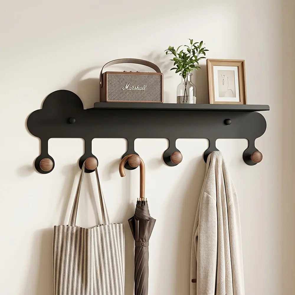 Wall-Mounted Clothes Hook with Storage Tray, Creative Coat Rack for Entryway, Key and Bag Holder, Bedroom Organizer Shelf, Coat Hooks for Wall