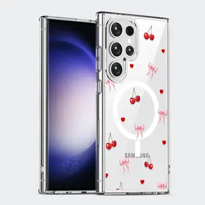 Cherry Bow Love Pattern Clear Wireless Charging Military-Grade Protection Shockproof Slim Magnetic Phone Case for Samsung Galaxy S25 S24 Ultra S23 S22 Plus Edge FE A14 A15 A16 A35 A36 A54 A56 Note20ultra