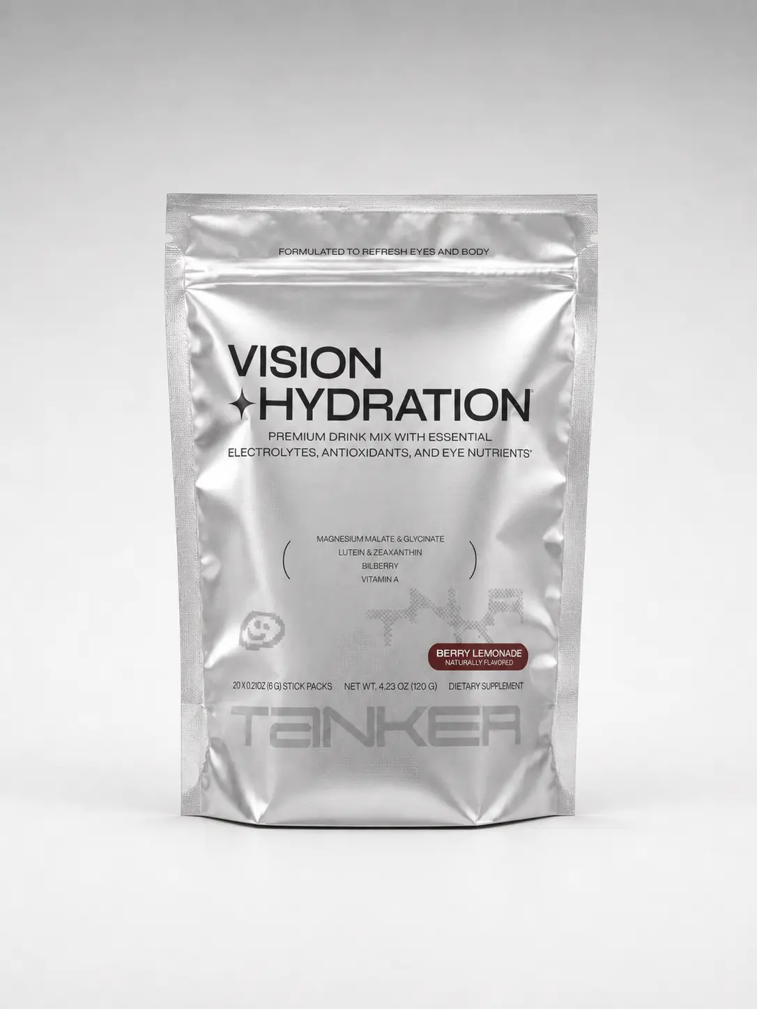 Tanker Vision + Hydration, Drink Mix with Electrolytes, Antioxidants, & Eye Nutrients - To Boost Hydration & Support Eye Health - Magnesium Malate, Glycinate, Lutein, Zeaxanthin, Bilberry, Vitamin A - Available in 2 Flavors, 20 Stick Packs
