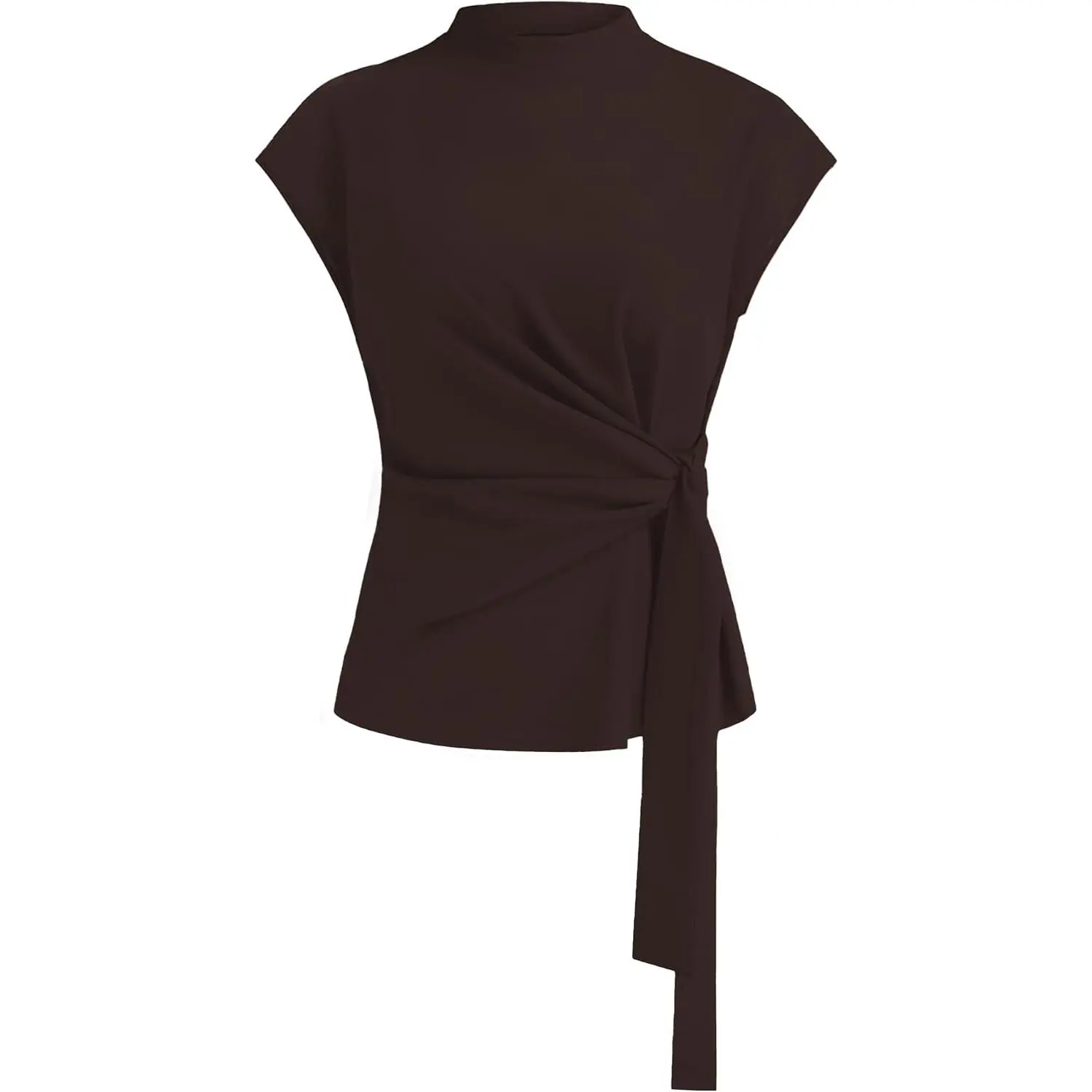 Women's Elegant Work Blouses - Cap Sleeve Mock Neck Wrap Tie Front, Slimming Cinched Waist Sleeveless Tank Tops, Modest Formal Business Casual Corporate Office Outfits