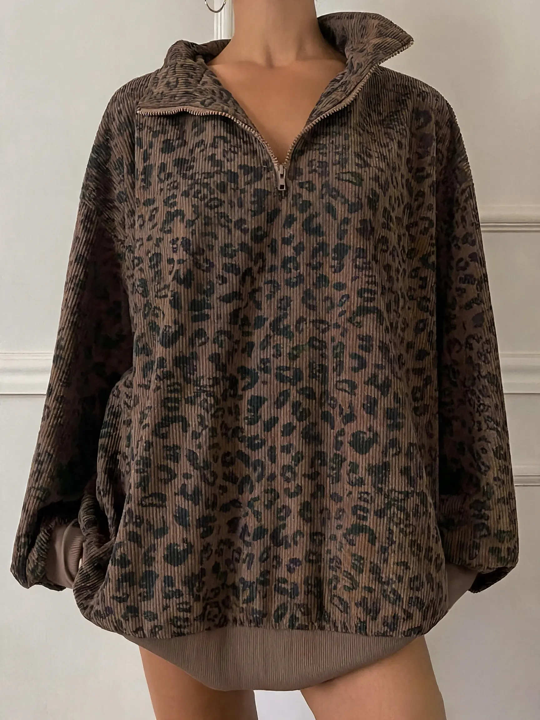 Women Casual Zip Up Front Long Sleeve Leopard Print Sweatshirt,Fall Clothes