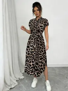 Women's Leopard Print Button Front Midi Dress, Summer Clothes Women, Casual Tie Waist Belt Short Sleeve Dress for Daily Work Commute, Ladies Summer Clothes, Women's Clothing, Womenswear, Streetwear Vacation Outfits, Elegant Split Hem Shirt Dress