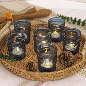 24 Pcs Blue Glass Votive Candle Holders, Tealight Candle Holders for Table Centerpieces, Vintage Candle Holder Bulk, Boho Wedding, Home, Bridal Shower, Birthday Party Table Decor (Blue)
