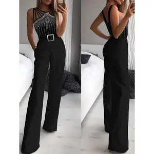 Elegant Black Jumpsuit (Chic), 1 pc — women’s sleeveless jumpsuit embellished with rhinestones, crew neck, polyester knit fabric (97% polyester/3% elastane), versatile solid color design, all-season chic style