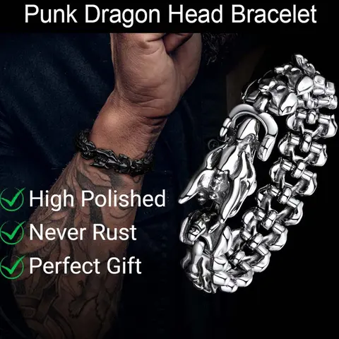 FaithHeart Men's Viking Punk 316L Stainless Steel Metal Bracelet - Dragon Scale Link Chain with Dragon Head Clasp, Fashionable Bracelet Style, Animal-Themed, One Size Male Jewelry Gift for Adults