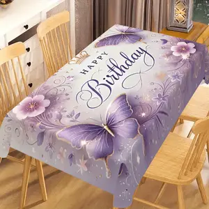 1 purple Happy Birthday floral tablecloth with butterfly and star mechanism polyester rectangular indoor/outdoor party decoration, suitable for spring and summer celebrations, birthday party decoration, Flower