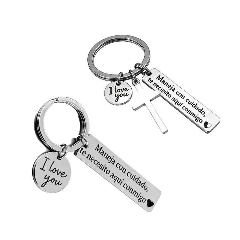 Stainless Steel Religious Gifts Keychain Set - Letter Slogan "Maneja Con Cuidado Te Necesito Aquí Conmigo"/"I Love You" Charms, Cross, Unisex Wear Adjustable Heart Rate Bracelet, Rotate Access Retractable Hold Reading Badge Holder