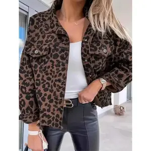 Spring and Autumn Leisure Leopard Print Denim Coat Short Loose Long Sleeves Jacket