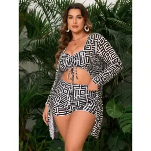 Plus Size Swimwear Women Multi-Color Checkered Bikini Set High Waisted Bathing Suit Long Sleeve Mesh Swimsuit Separates 8-22