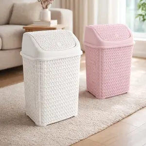 2.6/4.2 Gal Knit Design Flip Dust Bin, Modern Woven Texture Trash Can, Minimalist Plastic Waste Bin with Flip Lid, Compact Garbage Can for Bathroom Bedroom Office, Aesthetic Home Organization Storage