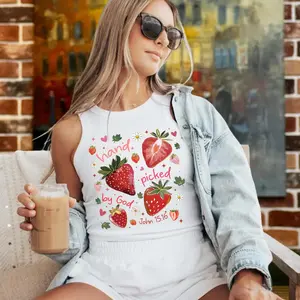 Hand Picked by God Micro Rib Racer Tank, Strawberry Christian Graphic Tank Top, Faith Inspired Apparel