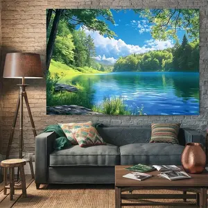 Serene Green Forest Lake Landscape Polyester Banner - 1pc Multi-Size Vibrant Nature Backdrop Cloth, Home Decor Supplies, Tapestry Wall Mural for Engagement Party, Lake House All-Season Photo Prop & Decoration