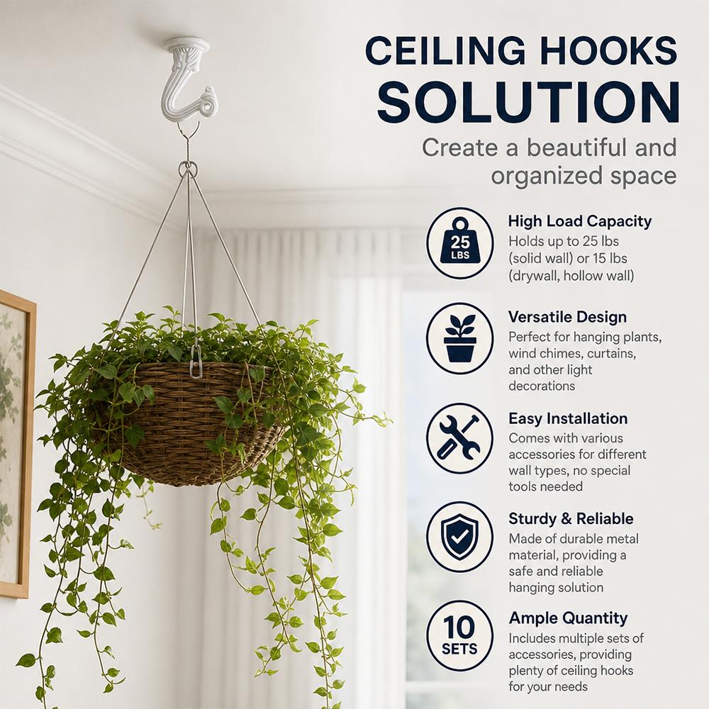 10 Sets Heavy Duty Ceiling Swag Hook Kit with Complete Hardware, Wall & Cavity Mount Metal Hanging Hooks, Perfect for Hanging Plants, Lights and Chains, Easy Install Indoor Ceiling Fixing Accessories sohochic
