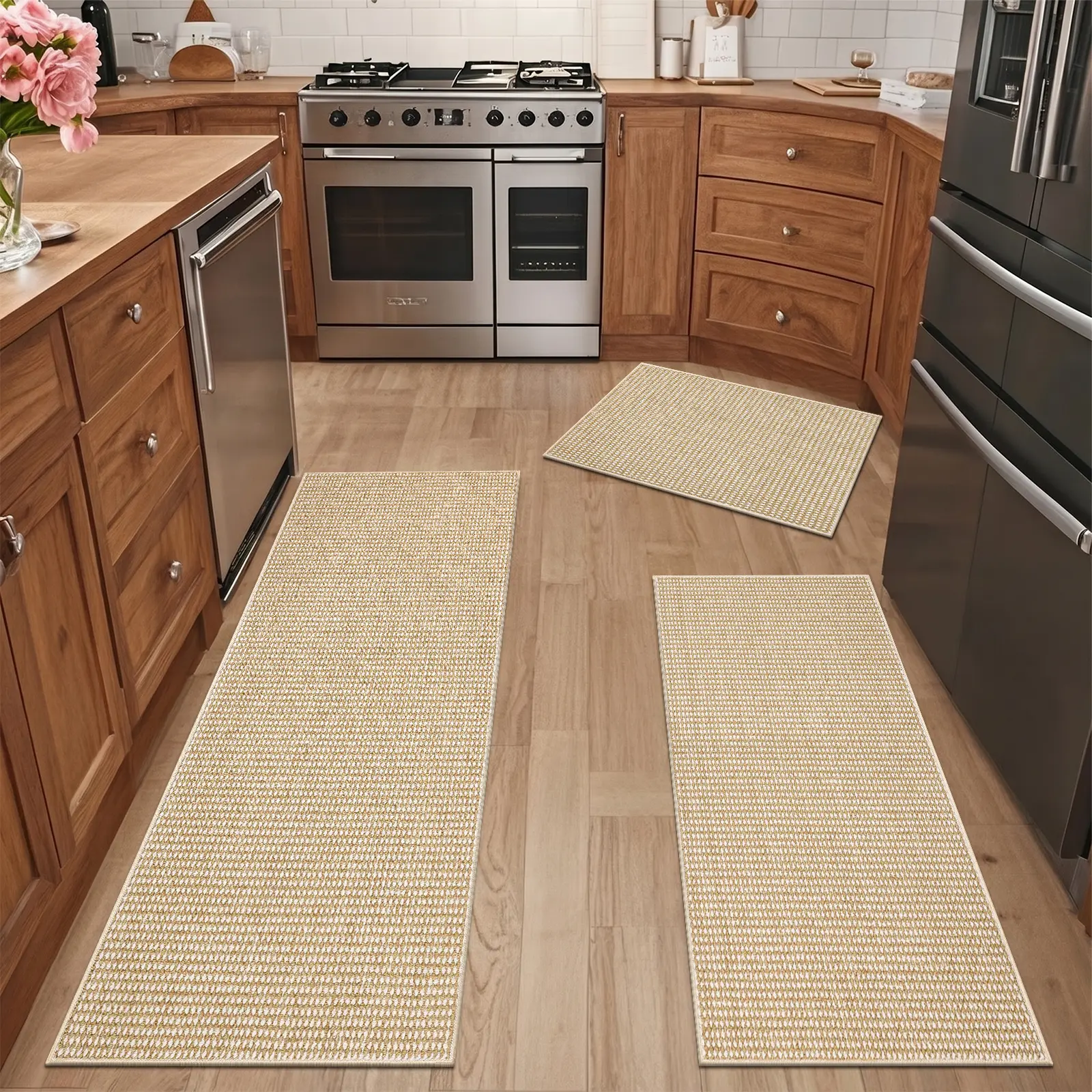 LOKHOM 3-Piece Solid Kitchen Area Rug Set - Non-Slip Backing Keeps Steps Steady, Absorbent, Stain-Resistant Runner, Washable Kitchen Rugs, Ideal for Laundry & Sink