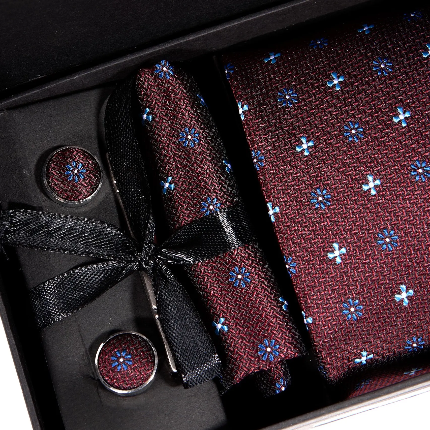 Men's Tie Gift Set – Tie, Cufflinks, Handkerchief & Clip | Burgundy